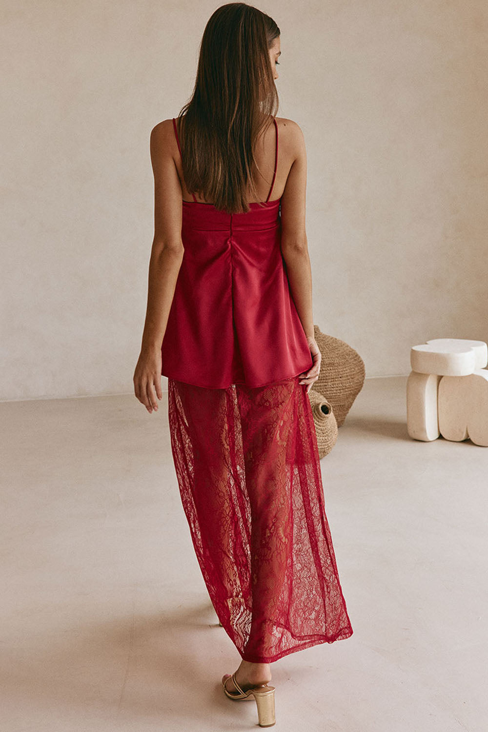 Red Silky Lace Strappy Maxi Dove Dress XL