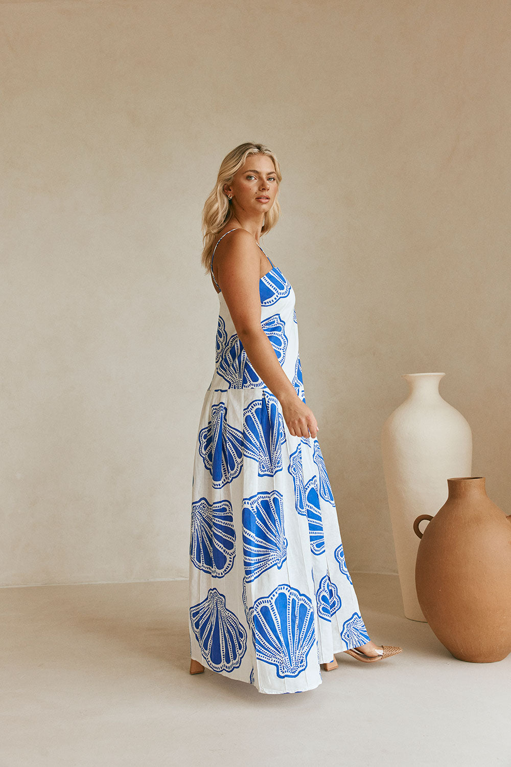 Bette Thin Strap Maxi Dress - Seashell Print, Blue, White Bette Thin Strap Maxi Dress - Seashell Print, Blue, White