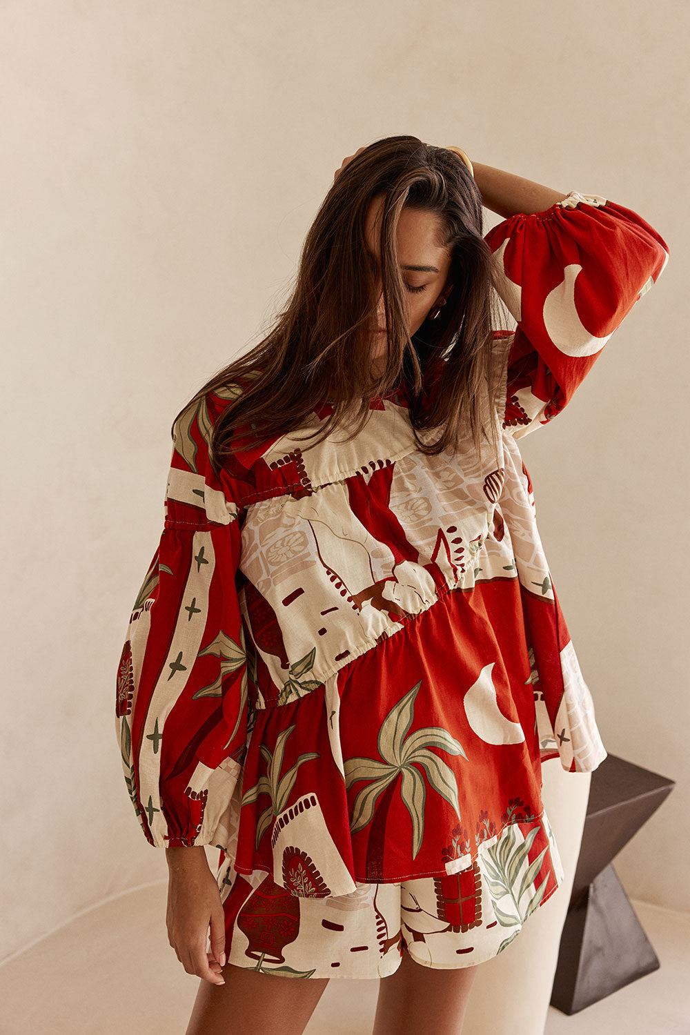 Red Palma Vista Print Long Sleeve Ruched Belinda Top – SABO