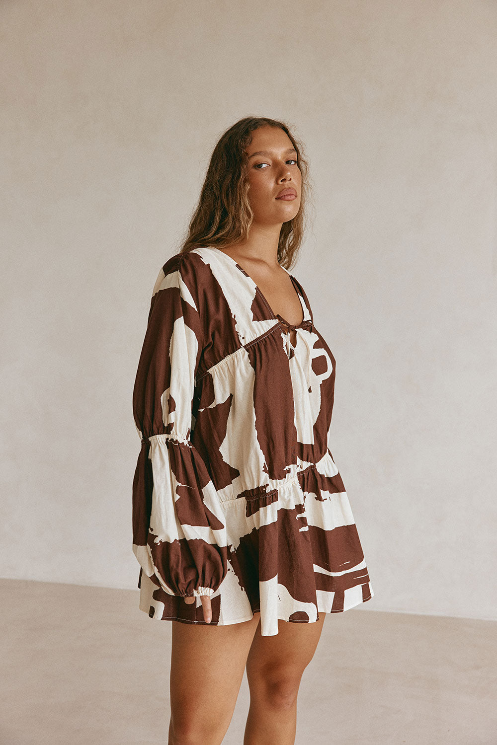 Brown Arredo Print Ruched Long Sleeve Esperenza Dress XXXL | by SABO Brown Arredo Print Ruched Long Sleeve Esperenza Dress XXXL | by SABO