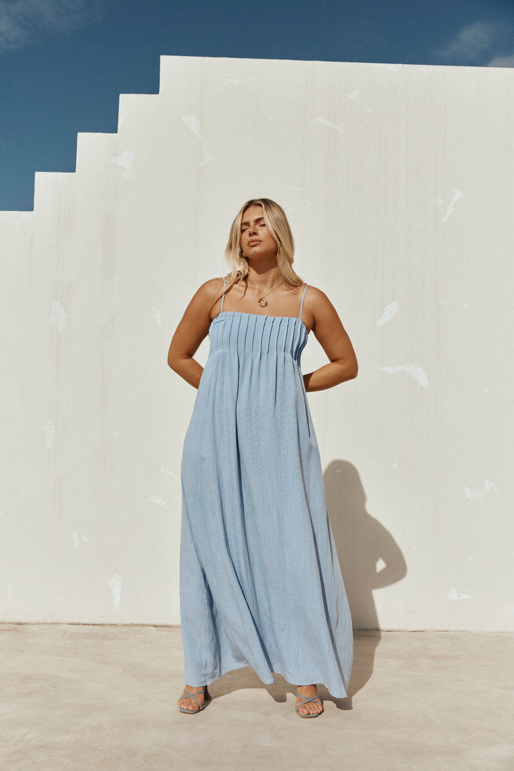 Blue Pin Tuck Pleat Maxi Ada Dress – SABO