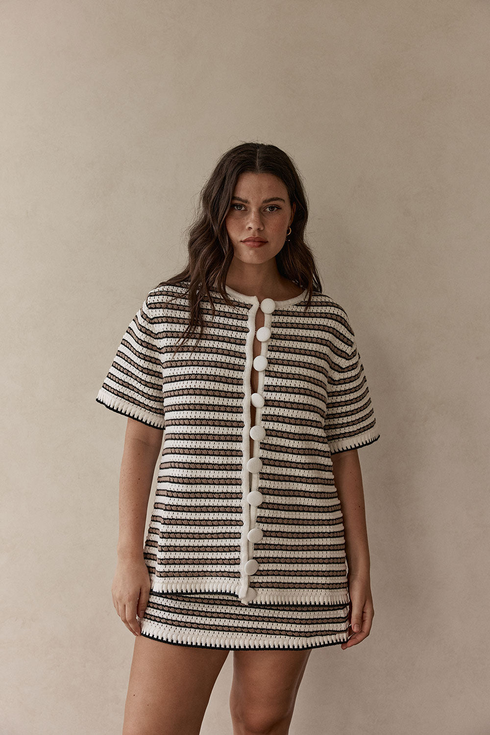 White and Brown Strope Knit Button Up Scottie Top – SABO