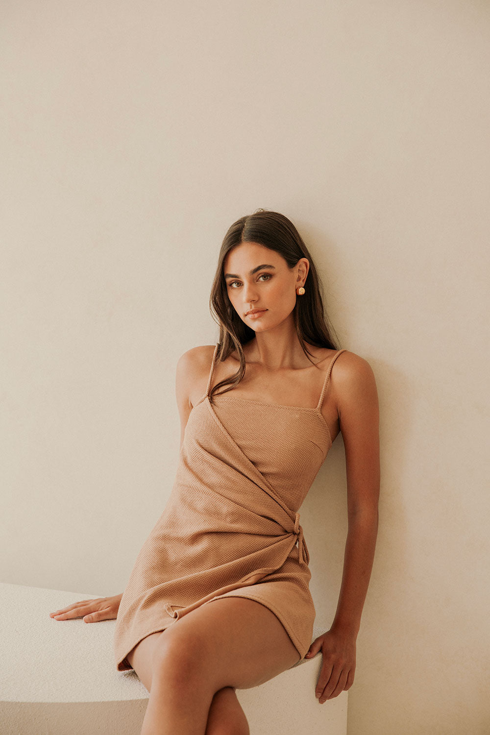 Sweeney Thin Strap Wrap Overlay Backless Mini Dress - Brown XXS Sweeney Thin Strap Wrap Overlay Backless Mini Dress - Brown XXS