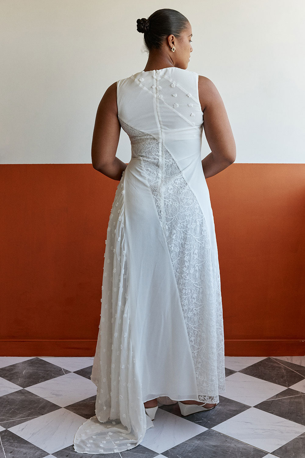 white silk lace dress Carmela long and slip its soft cowl neckline Bridal White Lace Maxi Baylee
