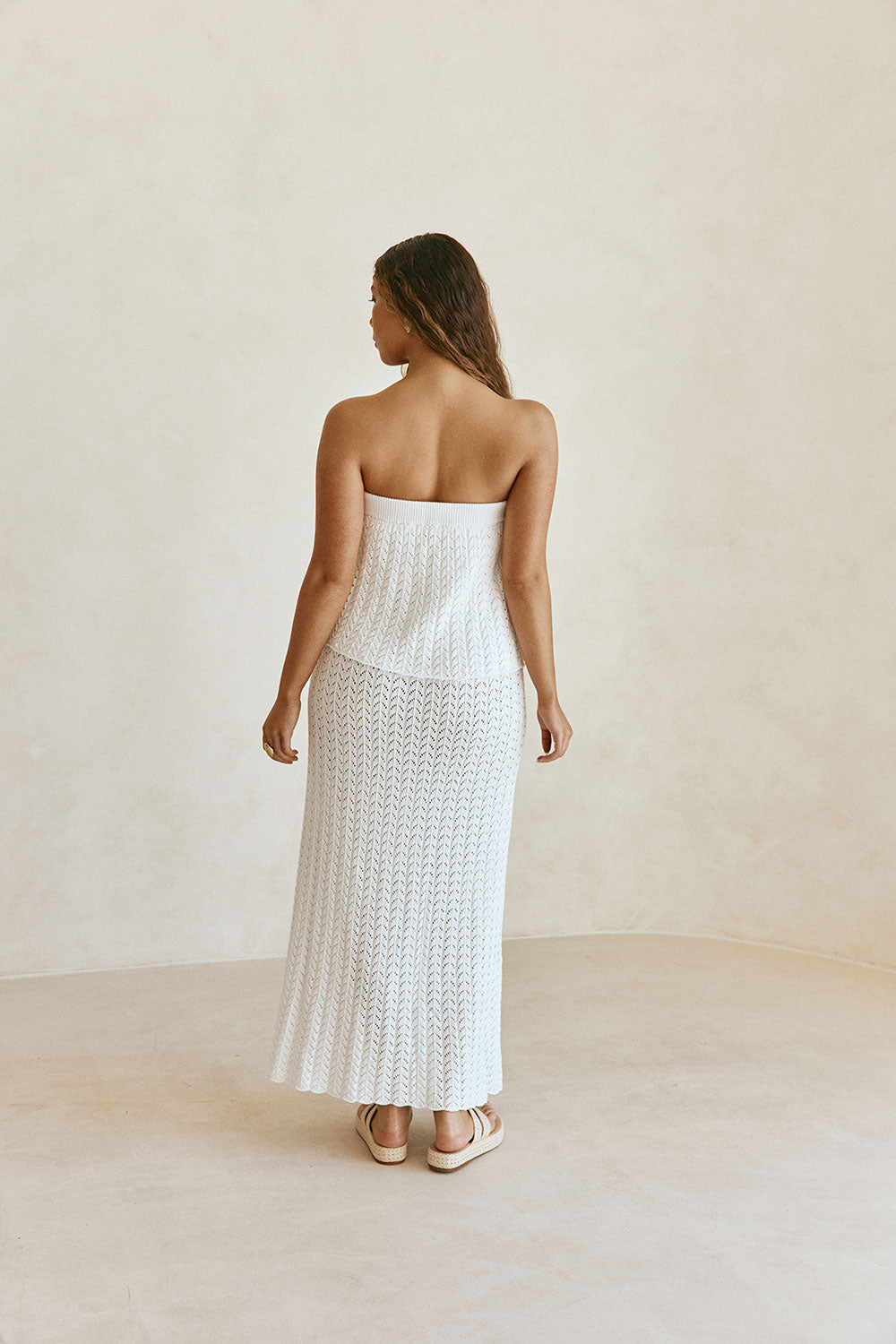 White Vintage Crochet Knit Strapless Maxi Maria Dress XS