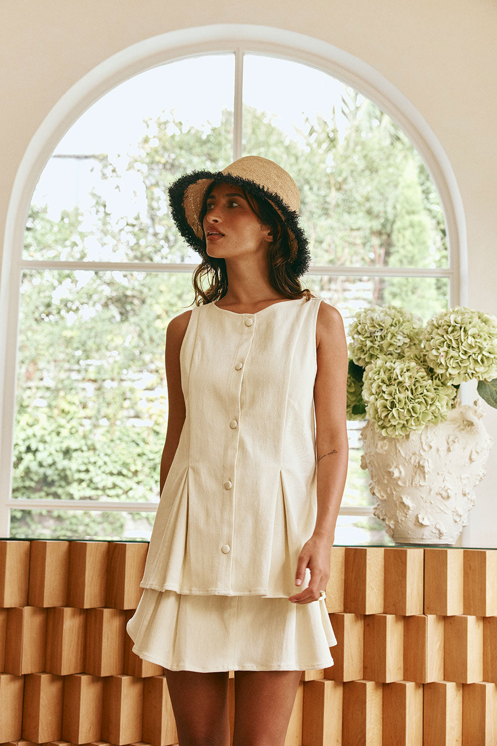 Cream High Waist Button Detail Pleated Mini Mari Skirt – SABO