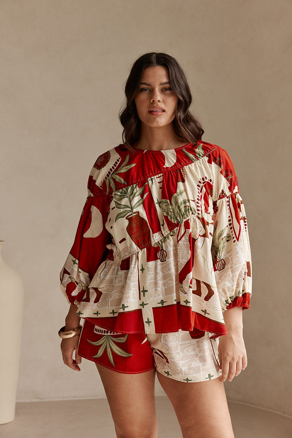Red Palma Vista Print Long Sleeve Ruched Belinda Top – SABO