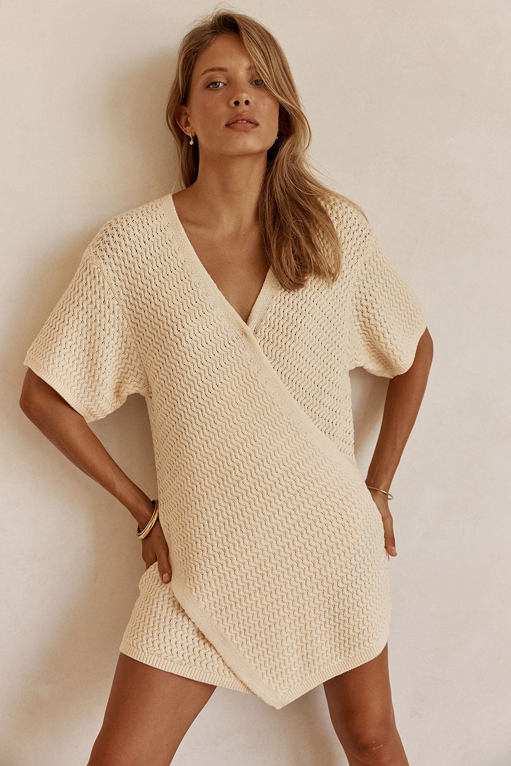 Cream Knit Wrap Mini Kyoto Dress XL