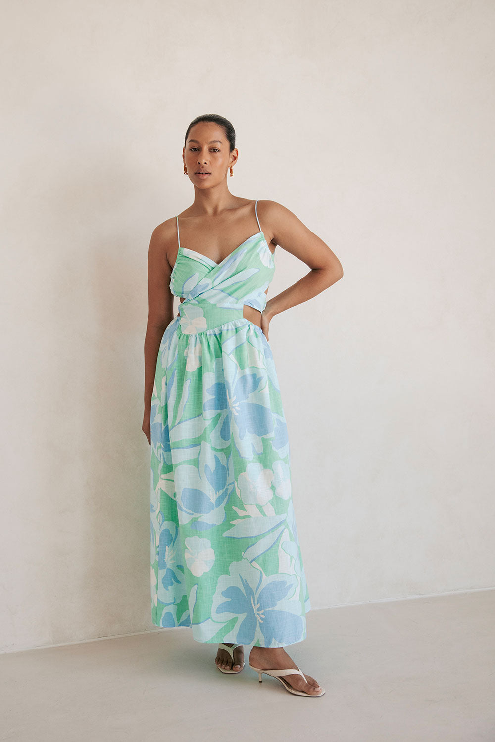 Iris Cutout Midi Dress - Spring Petals Blue Green White XS Iris Cutout Midi Dress - Spring Petals Blue Green White XS
