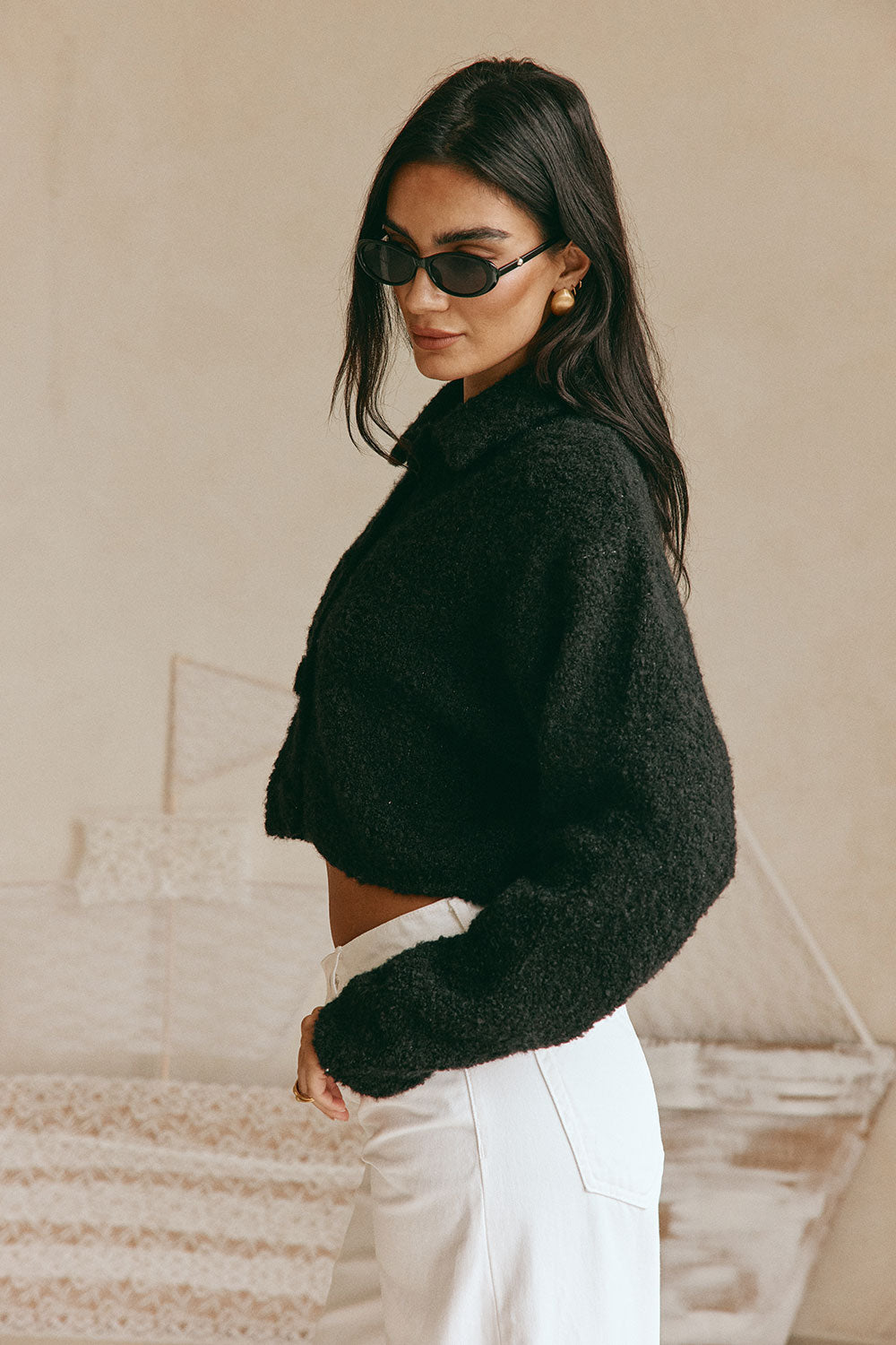 Black Fluffy Knit Cropped Button Addison Cardi – SABO
