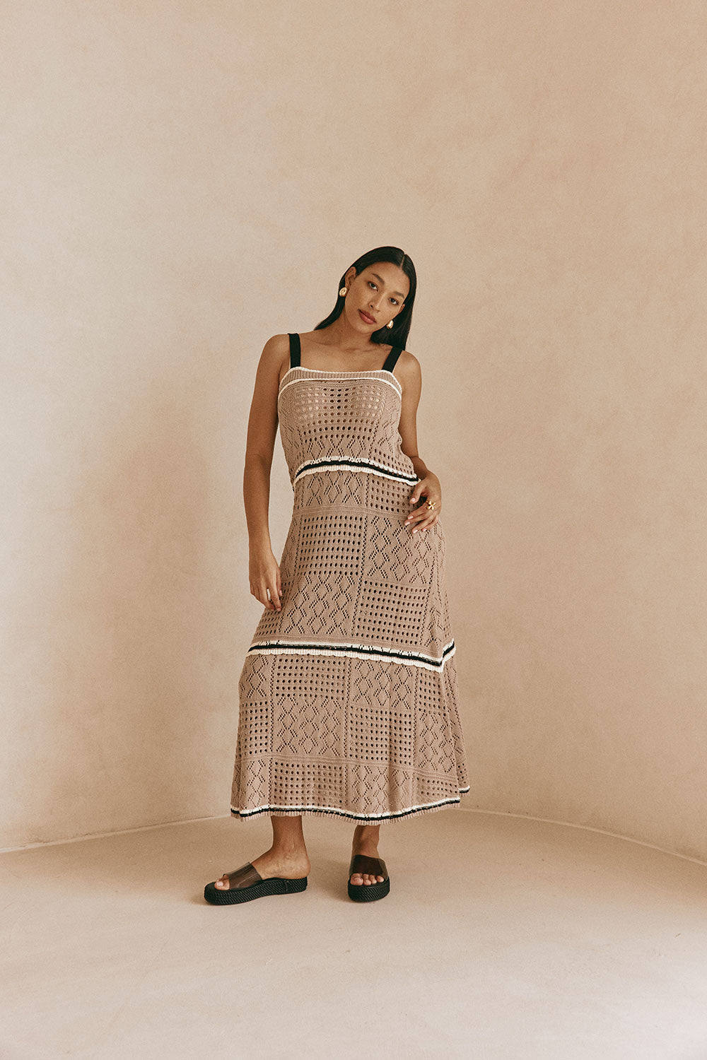 Tan Crochet Knit A Line Maxi Aliana Dress – SABO