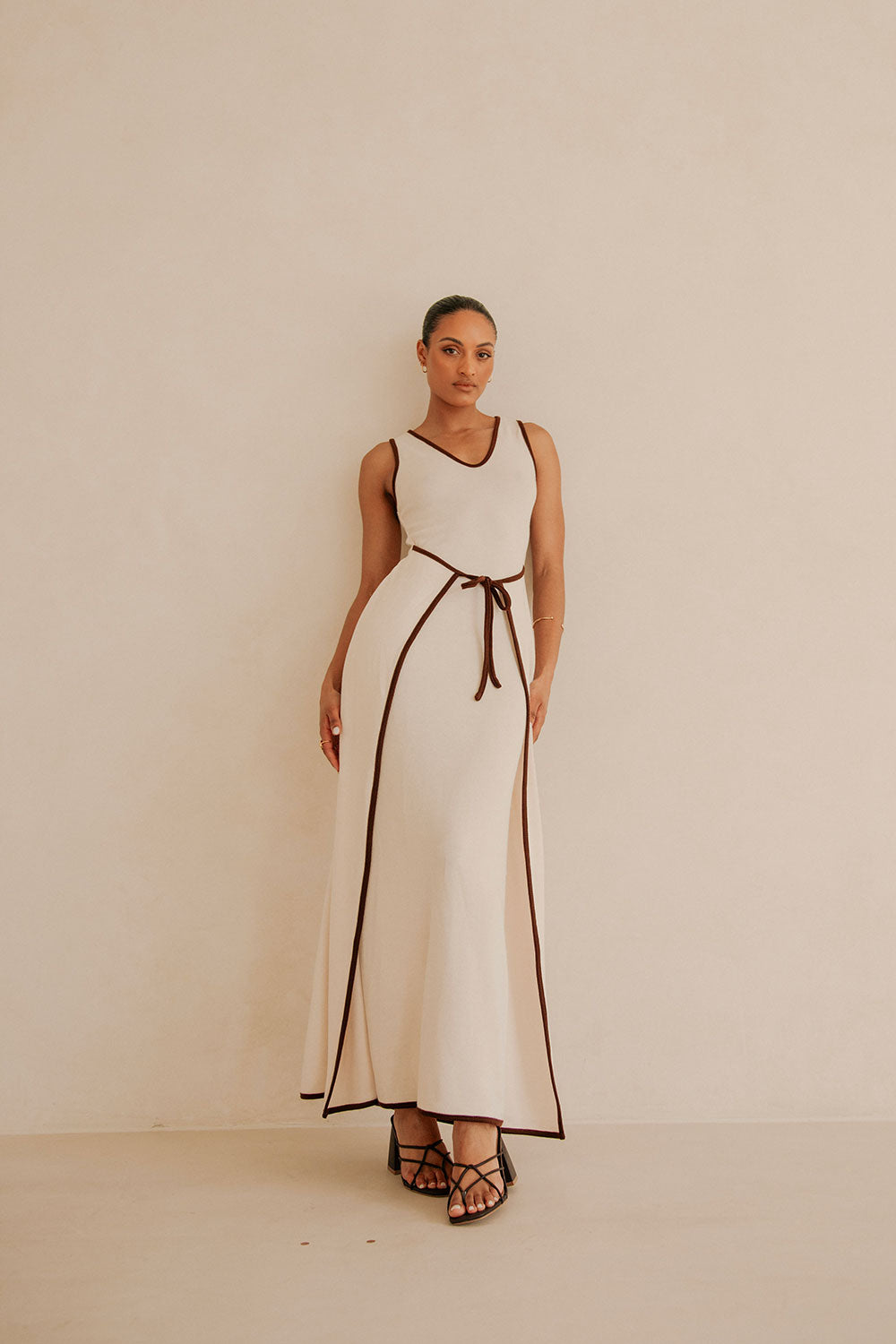 Jazmin V Neckline Tie Maxi Dress - Beige, Brown – SABO