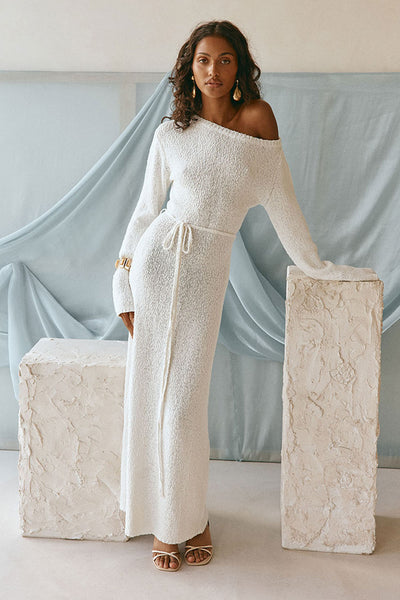 White Knit Long Sleeve Off Shoulder Maxi Kaiya Dress XL