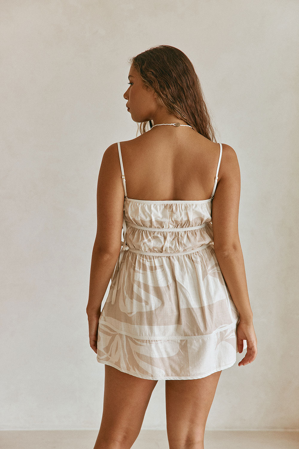 Beige Terra Forme Print Ruched Mini Alura Dress XXS | by SABO Beige Terra Forme Print Ruched Mini Alura Dress XXS | by SABO