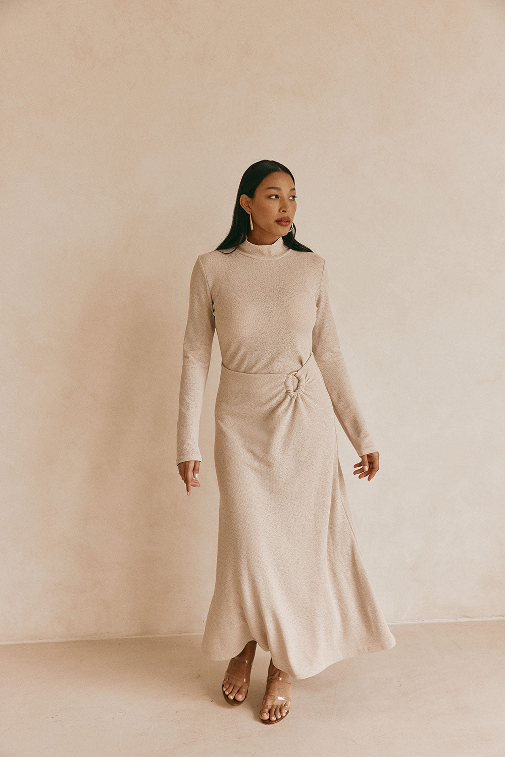 long sleeve beige dress Strobe | Bone Fully lined Structure Long Sleeve Button Front Sweater