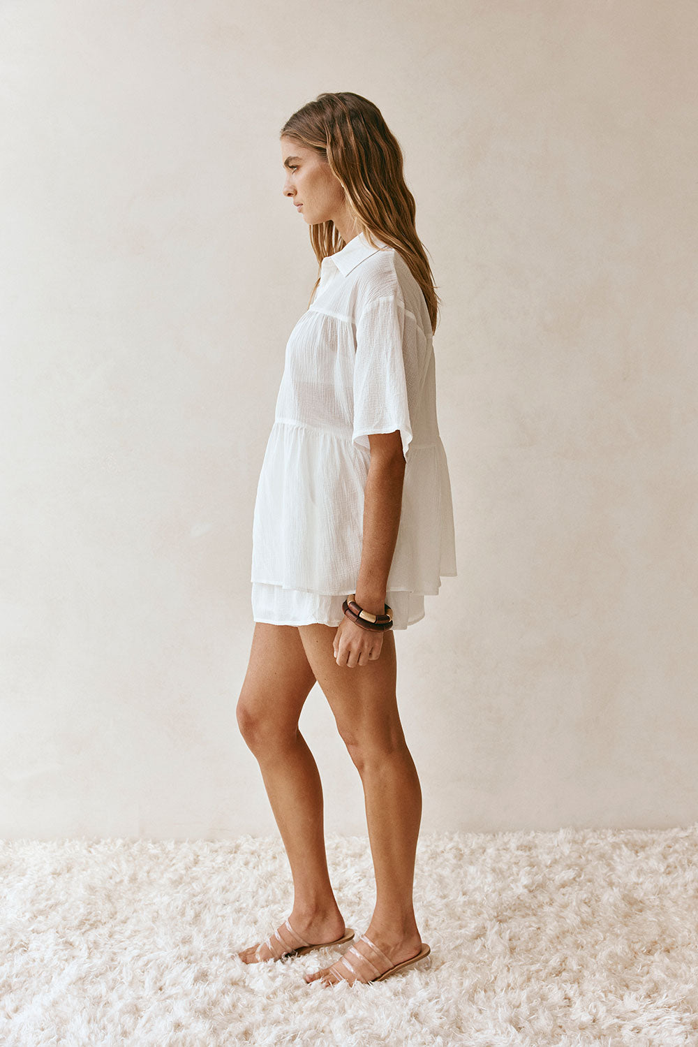White Button Up Short Sleeve Founce Elodie Top – SABO