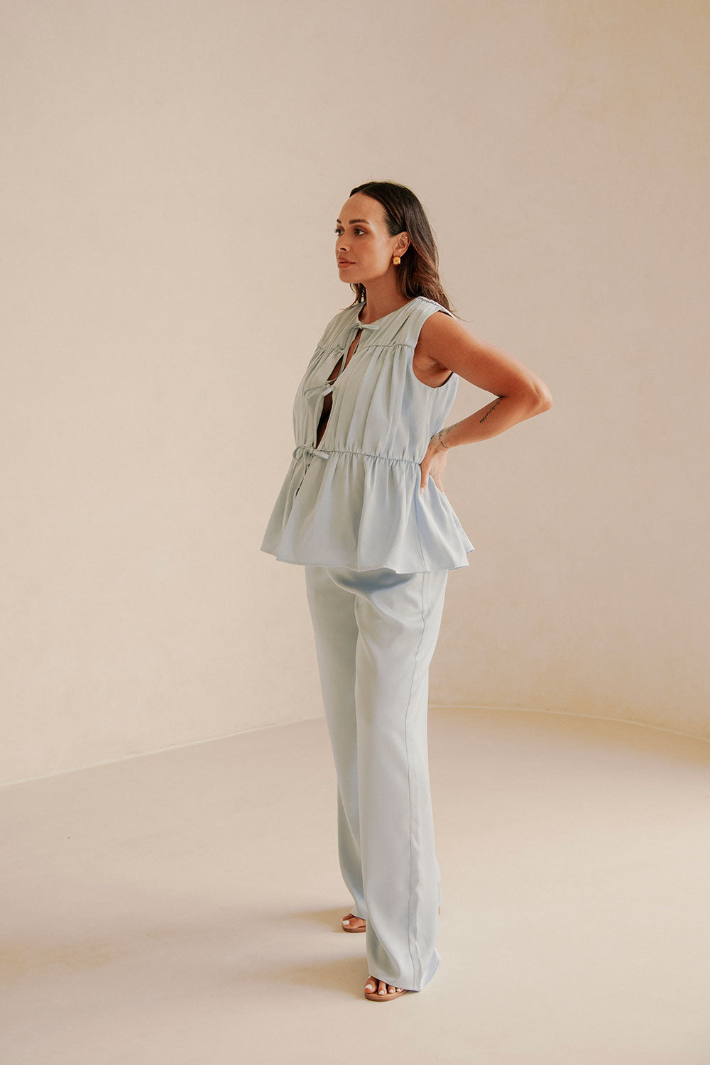 Blue Ruched Panelled Front Tie Juliette Top – SABO