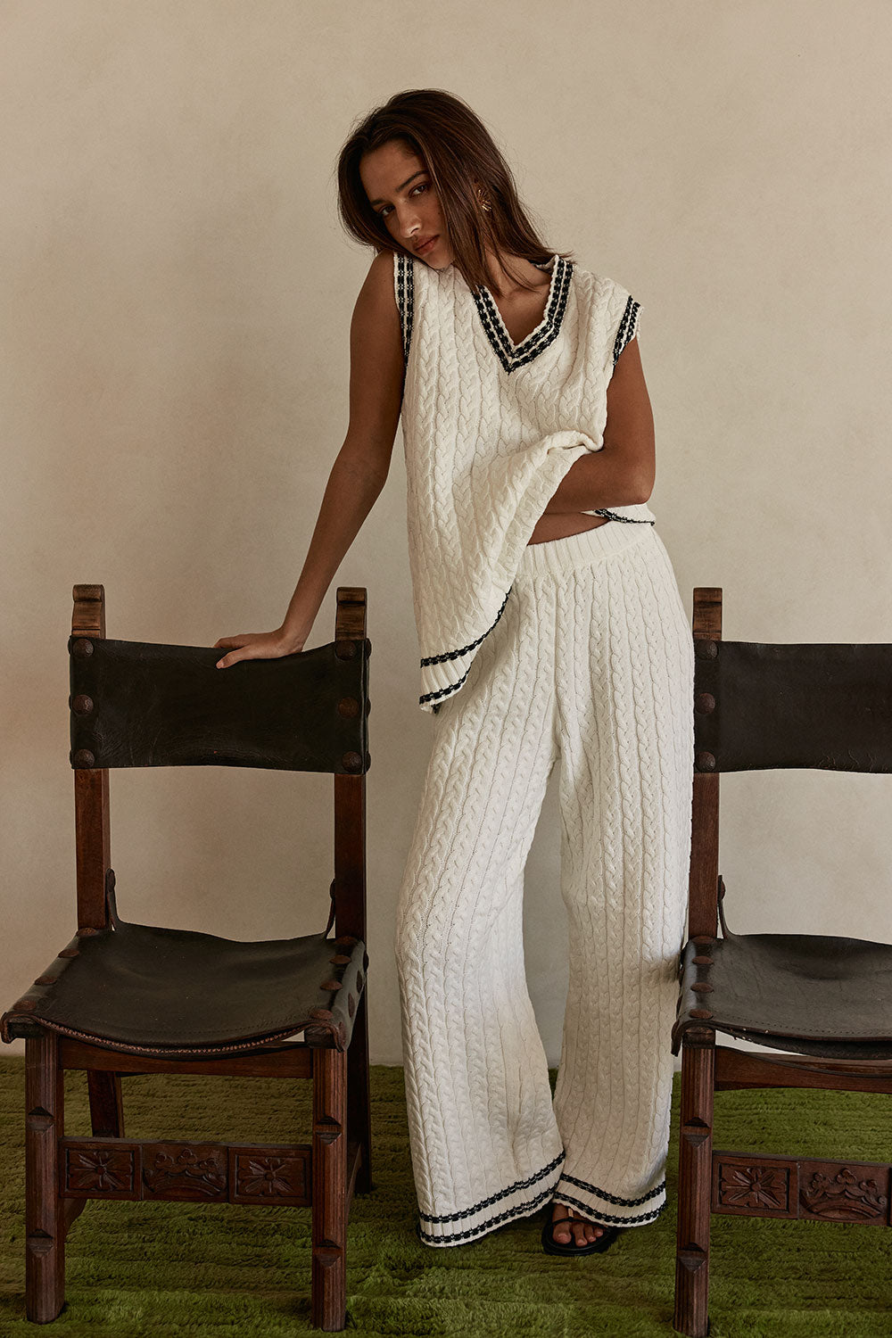 White Cable Knit V Neck Margot Top – SABO