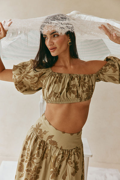 Ancienne Green Print Linen Cropped Yumi Top – SABO