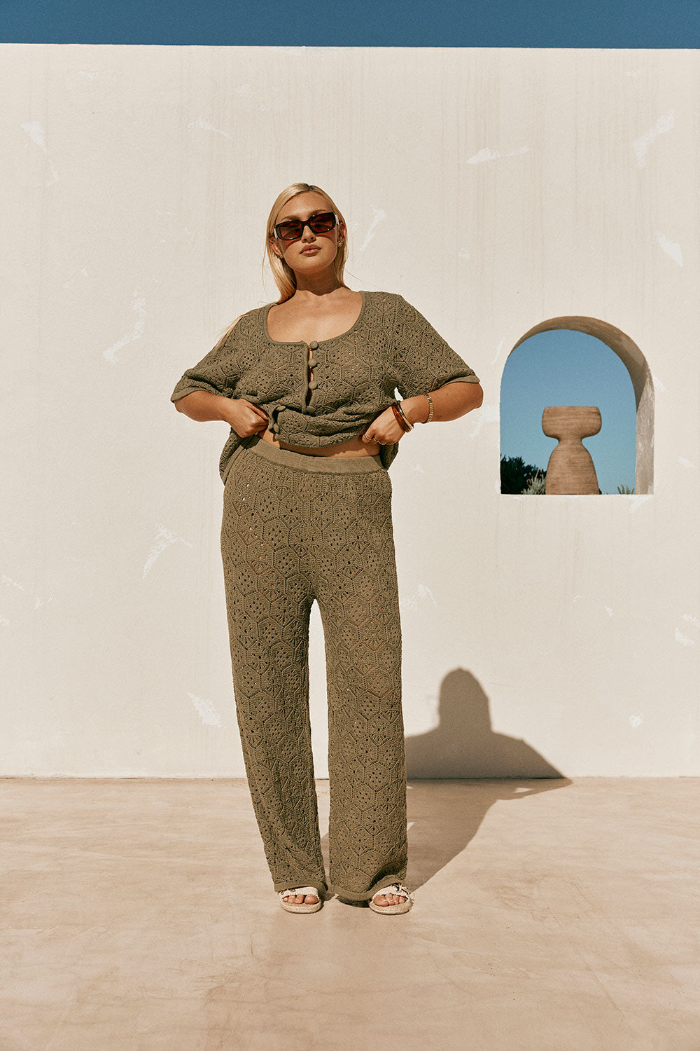 Khaki Green Crochet Knit High Waist Umiko Pants – SABO
