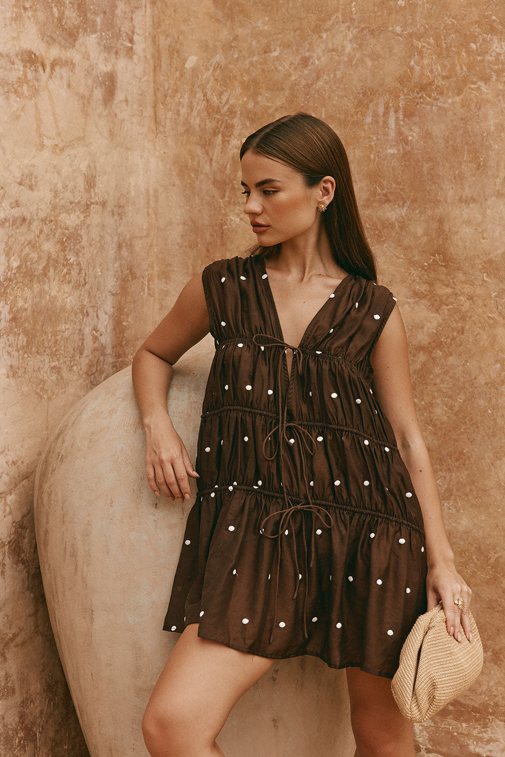 Chocolate Speck Polka Dot Gathered Mini Joslin Dress XL