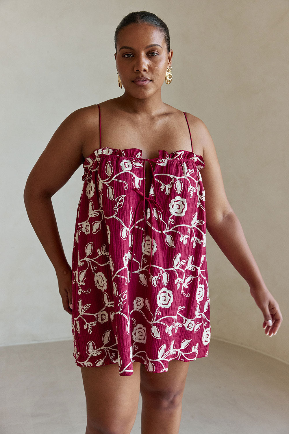 Red Embroidered Dahlia Print Babydoll Mini Evelia Dress – SABO
