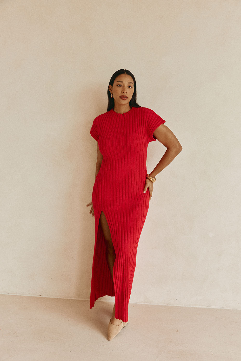 Red Rib Split Maxi Gemini Dress – SABO