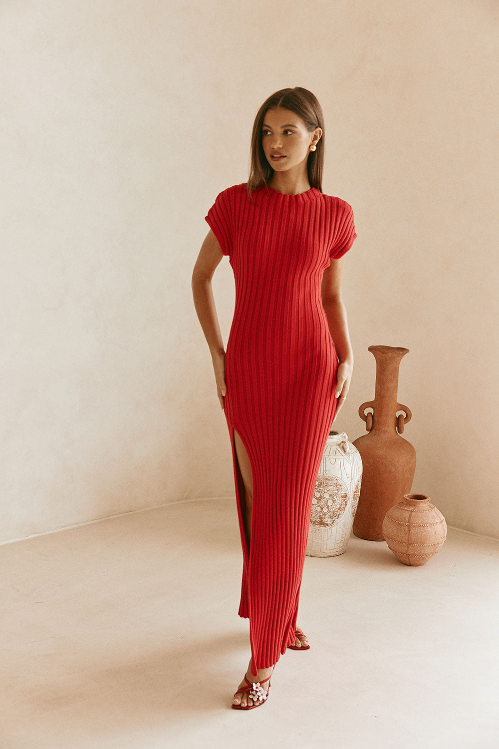 Red Rib Split Maxi Gemini Dress XXL