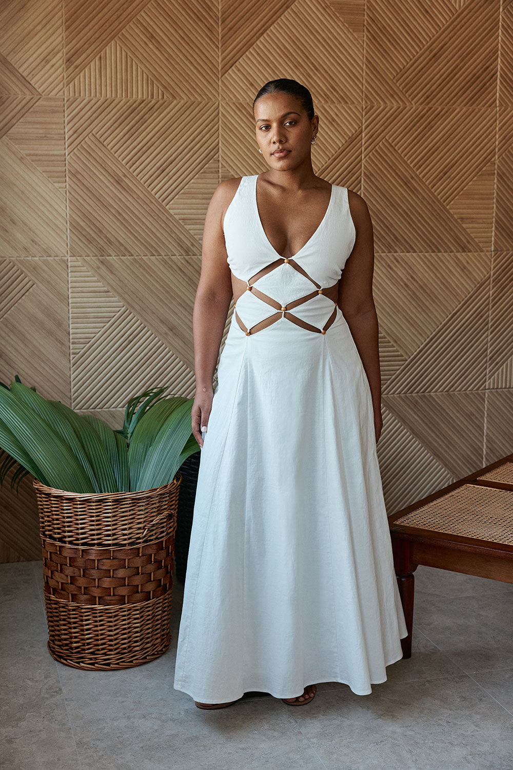 Bridal White Cotton Plunge Neckline Cut Out Maxi Chessa Dress L