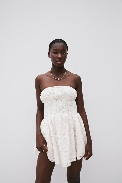 White Broderie Strapless Flouncy Mini Aura Dress L