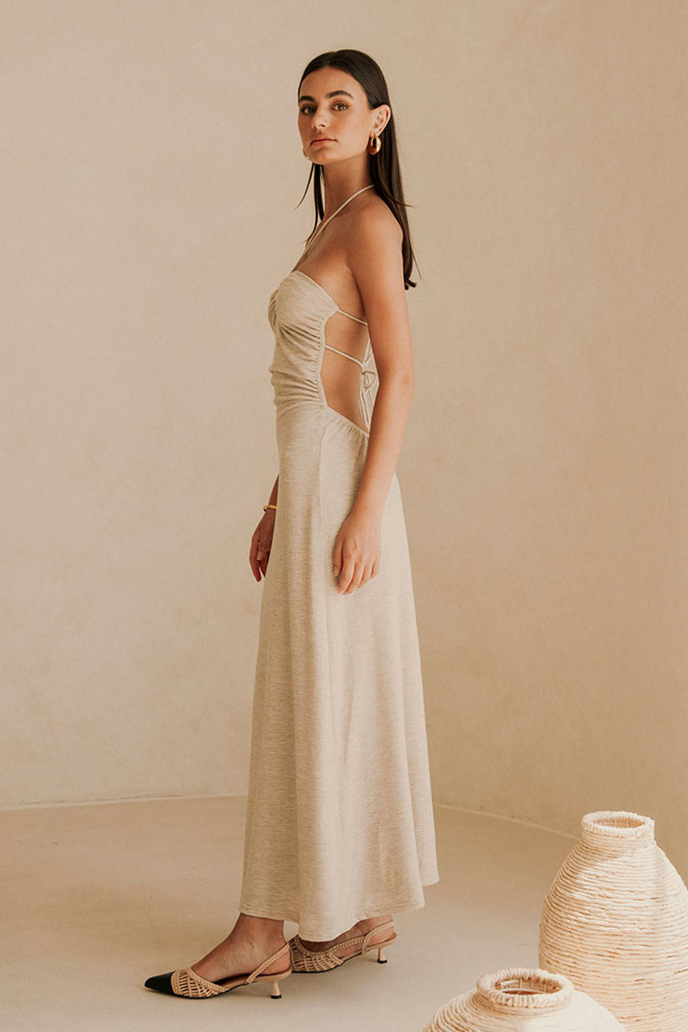 Beige Backless Halter Neck Naisha Dress S