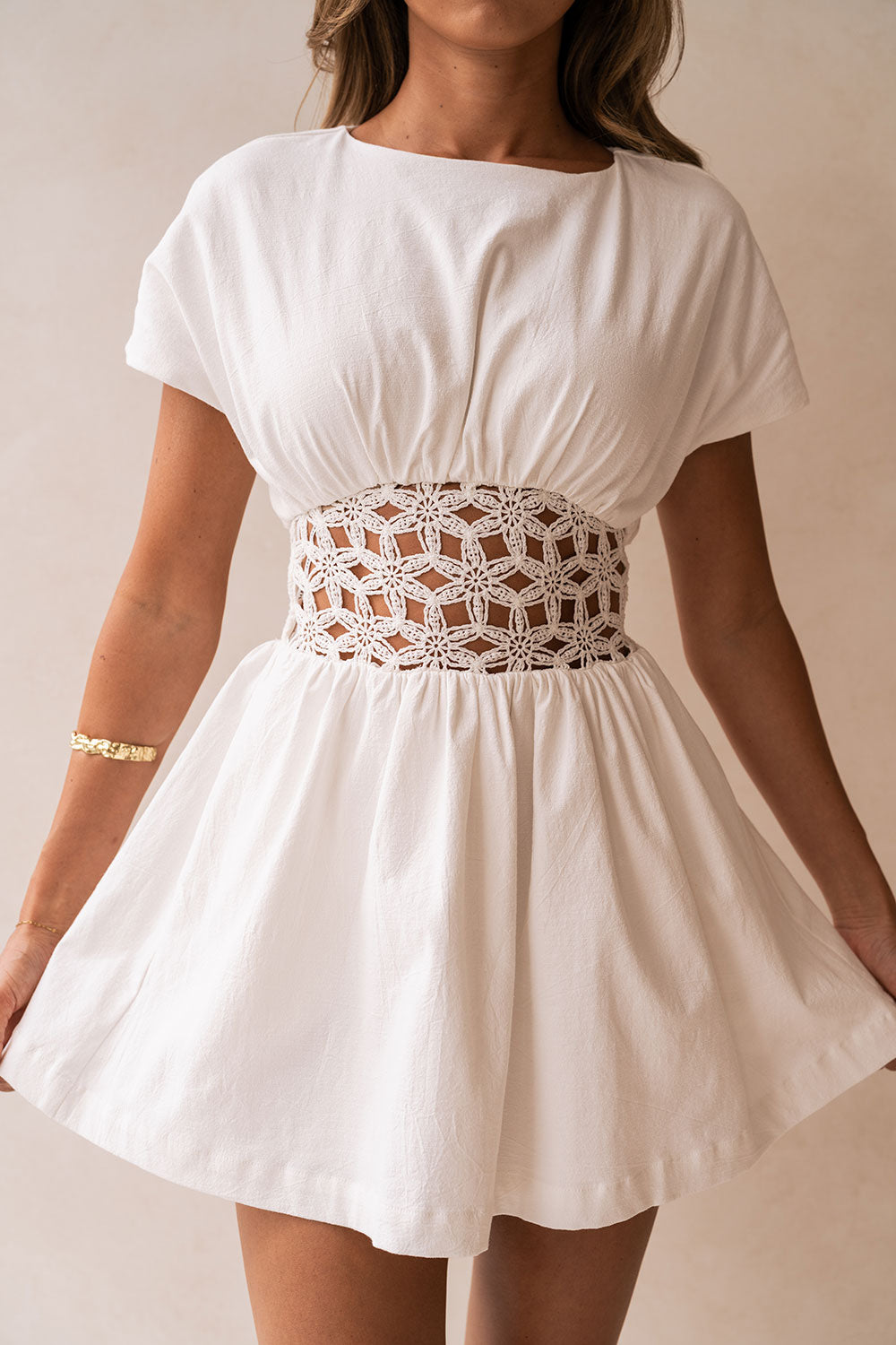 white short sleeve mini dress White Flouncy Short Sleeve Mini Alessandra Dress L
