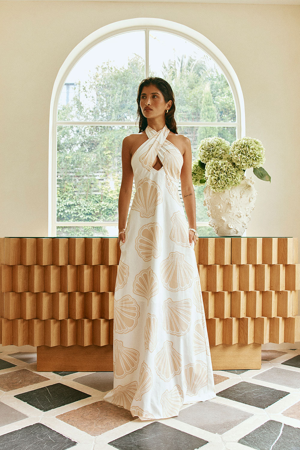 Cream Coastal Shell Cut Out Halter Maxi Aiko Dress – SABO