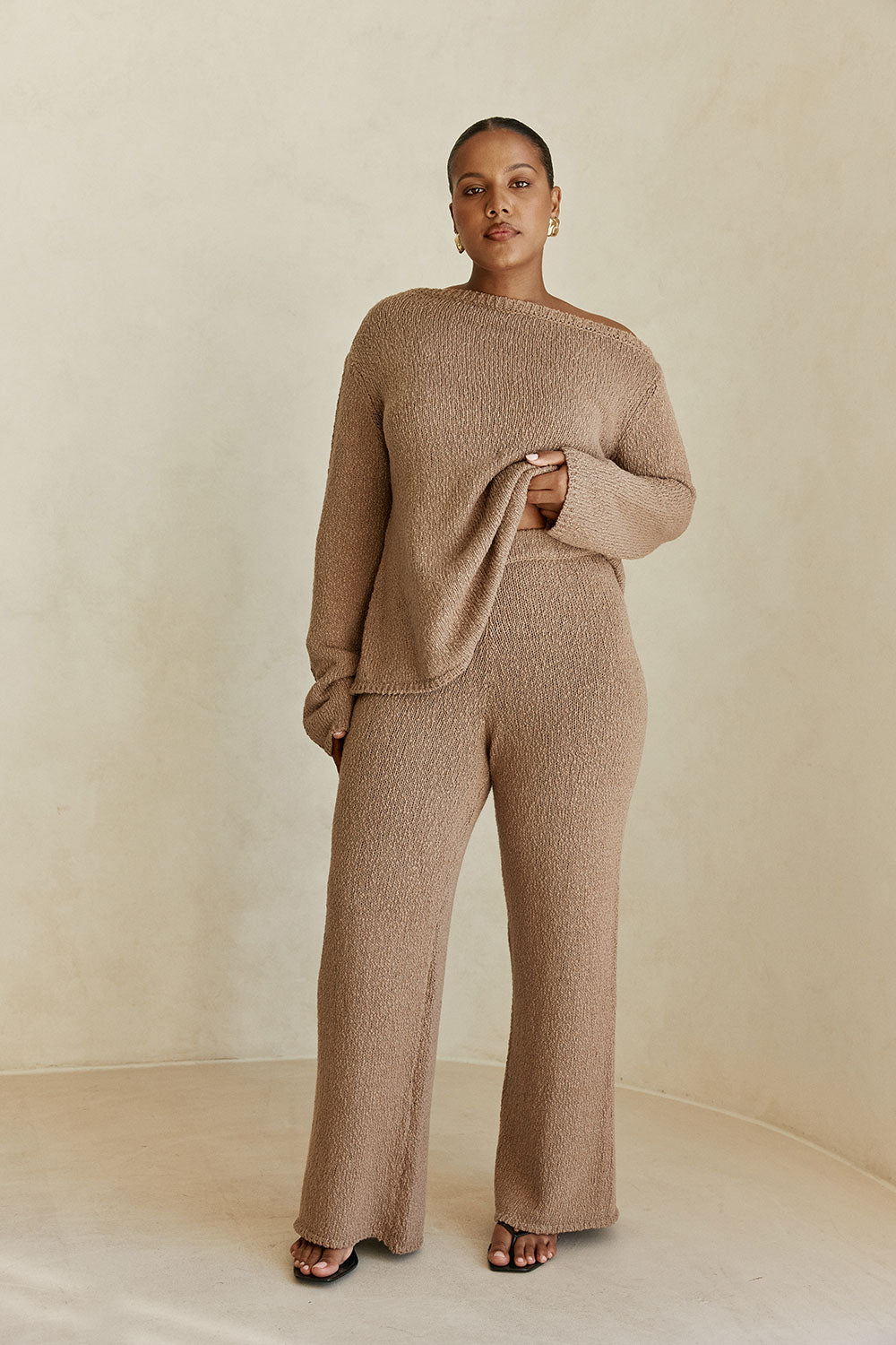 Brown Cotton Knit Long Sleeve Off Shoulder Kora Top – SABO