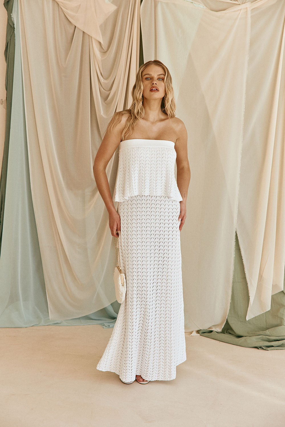 White Vintage Crochet Knit Strapless Maxi Maria Dress XS