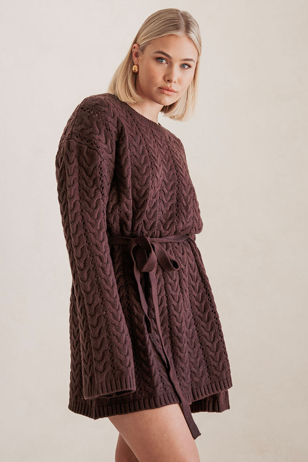 Brown Cable Knit Long Sleeve Tie Mini Sophie Dress XS
