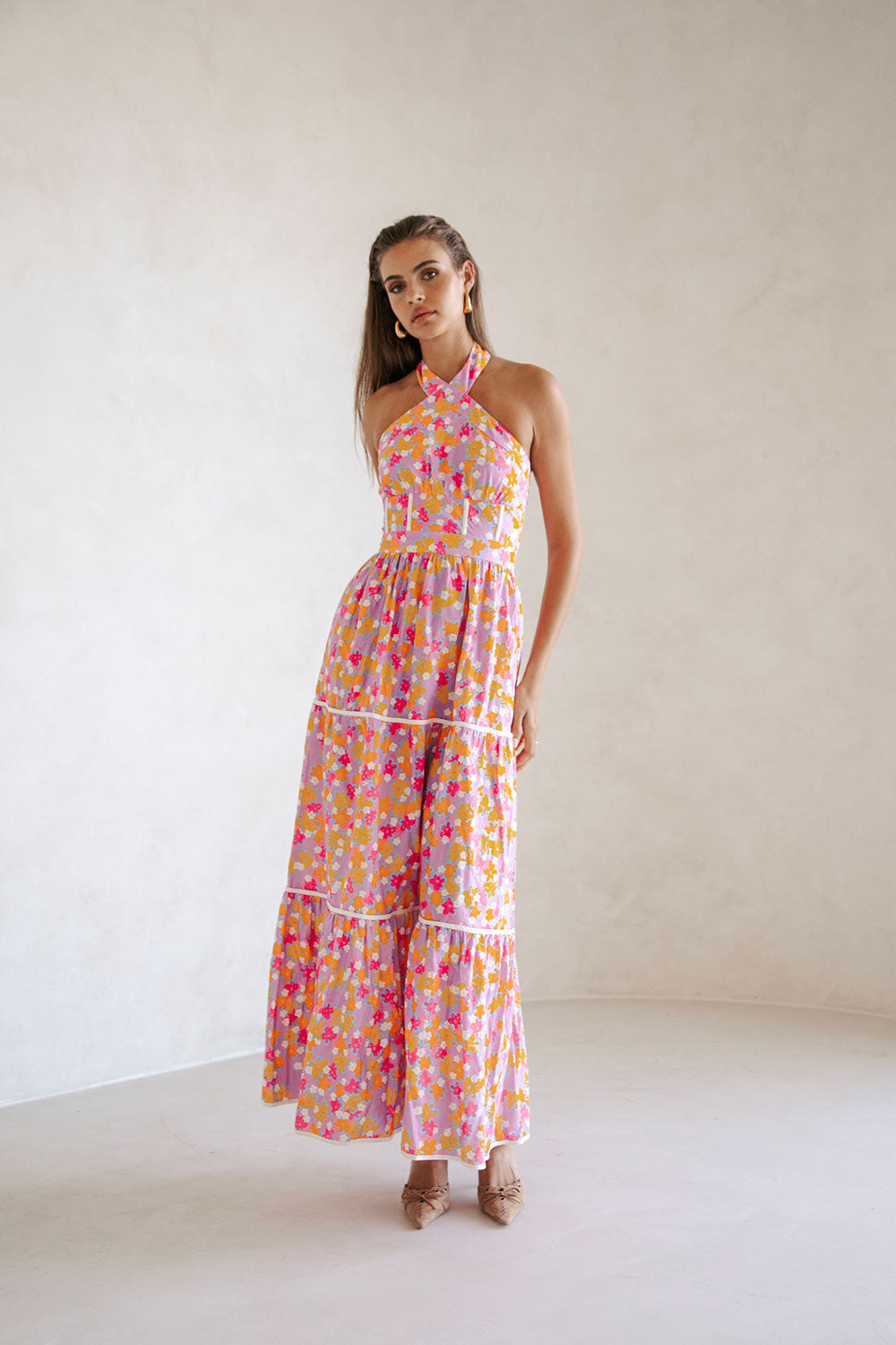True Halterneck Maxi Dress - Dulcie Daisy Purple Orange Pink