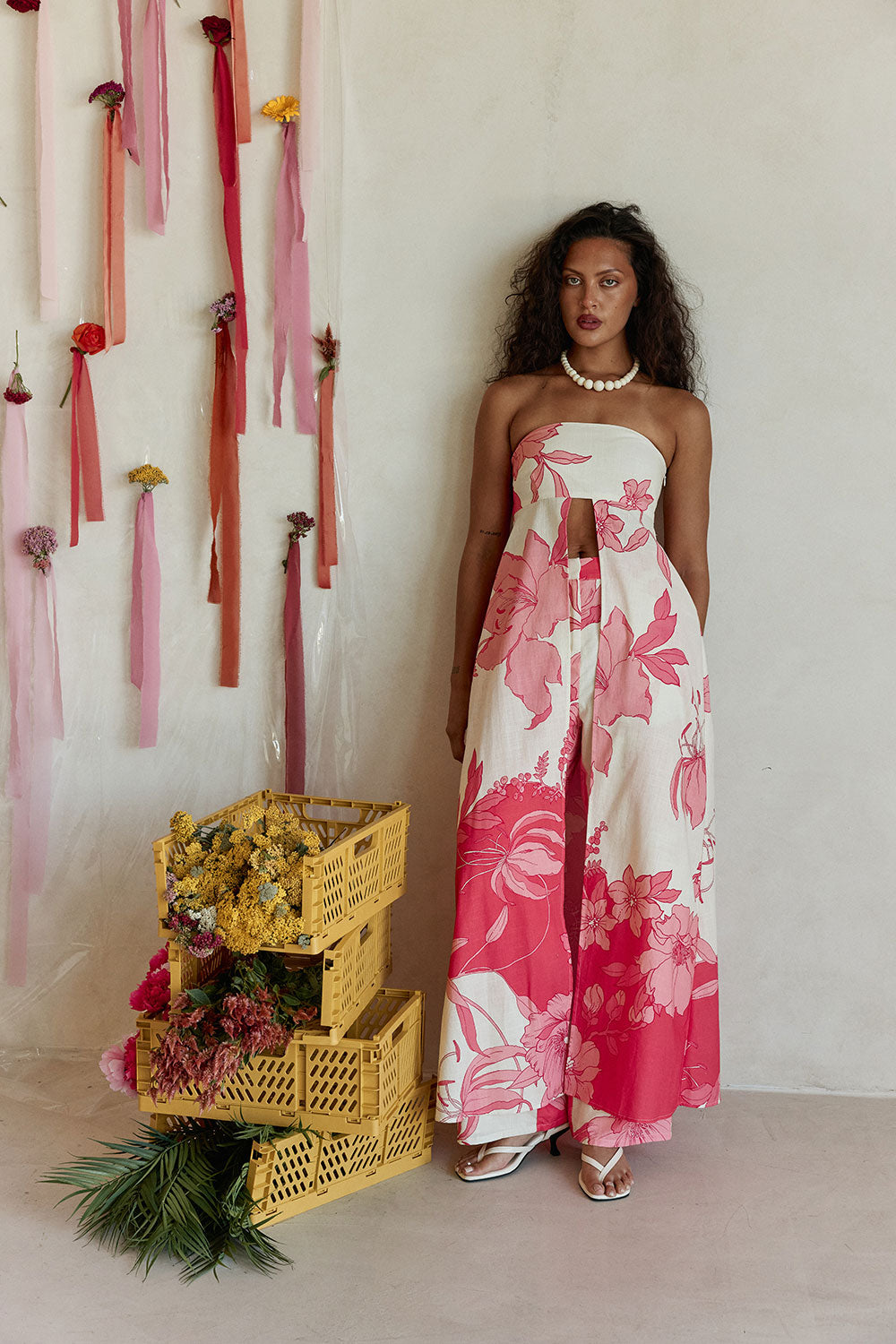 Pink Flora Sunset Print Strapless Flouncy Lulu Top – SABO Pink Flora Sunset Print Strapless Flouncy Lulu Top – SABO