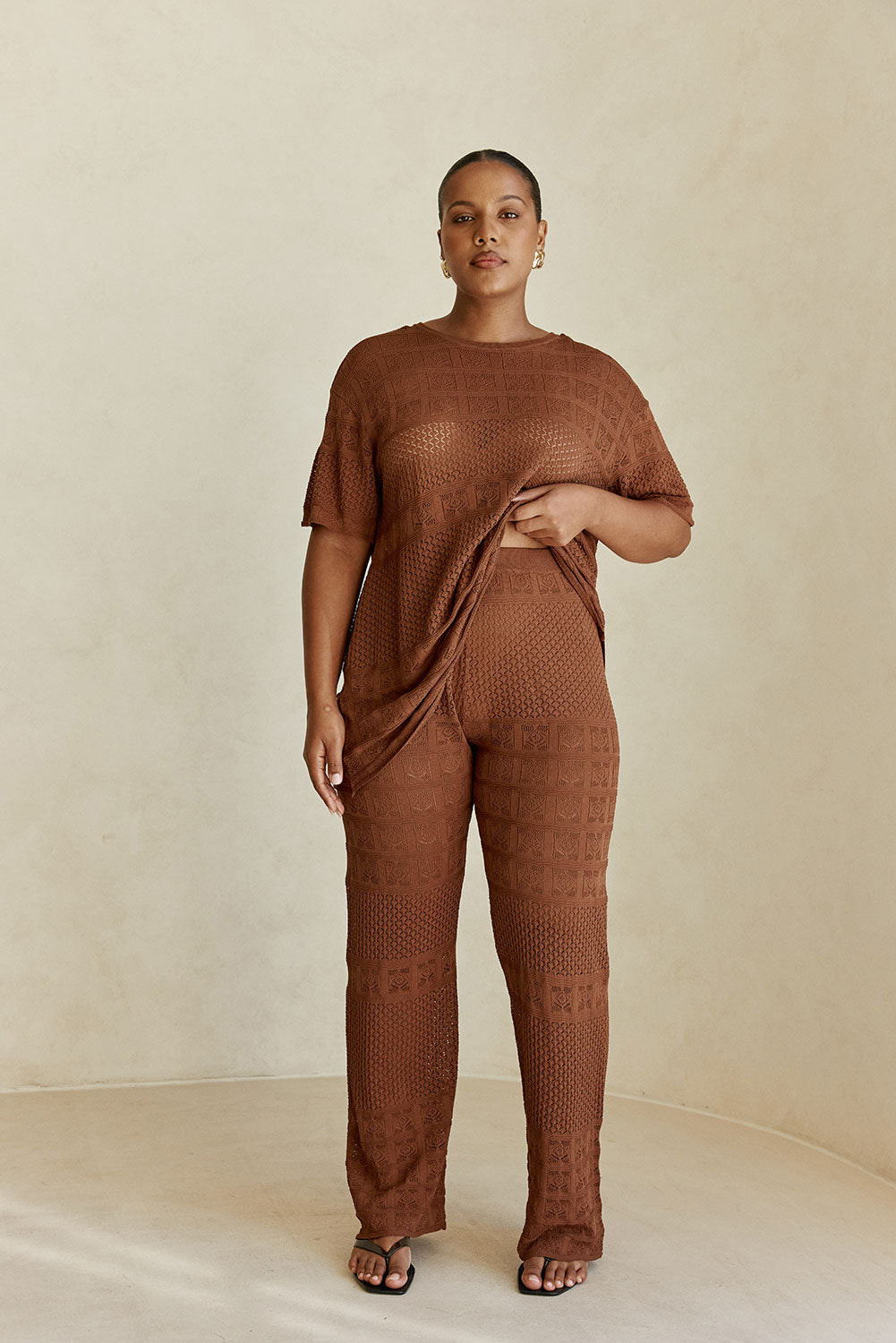 Chocolate Brown Crochet Knit High Wasit Nixie Pants – SABO