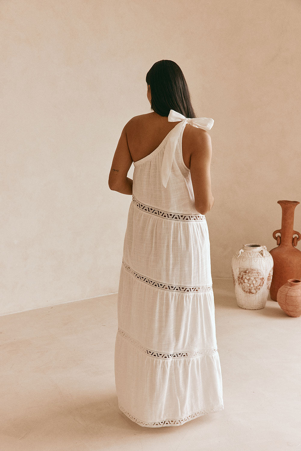 White Cotton One Shoulder Flouncy Maxi Juliette Dress – SABO
