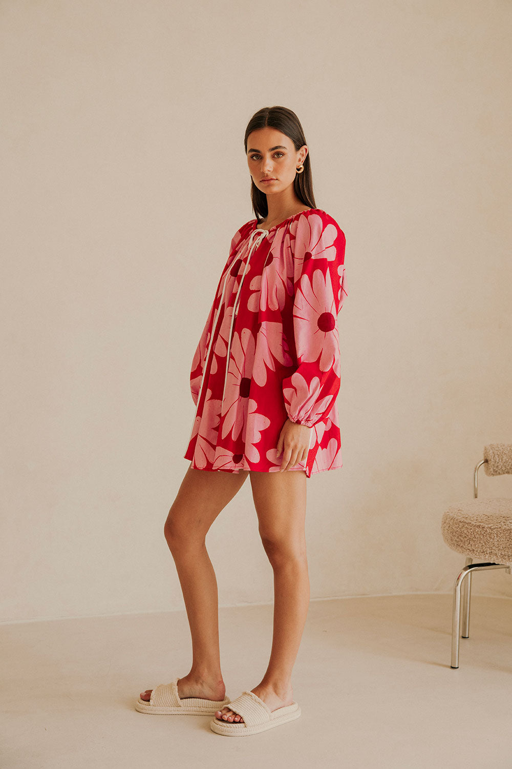Veronica Flounce Long Sleeve Mini Dress - Pink White Daisy Red