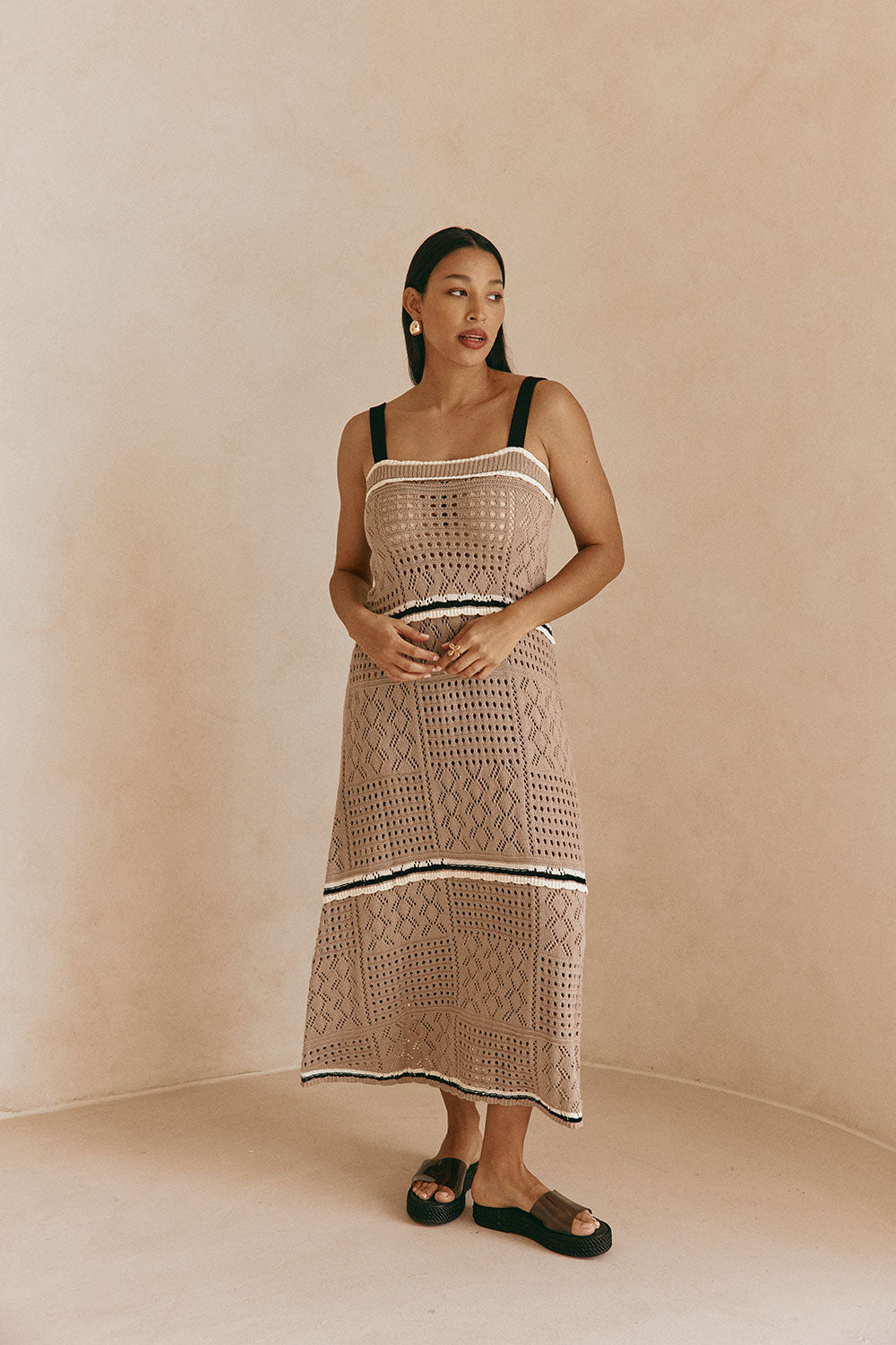 Tan Crochet Knit A Line Maxi Aliana Dress S | by SABO Tan Crochet Knit A Line Maxi Aliana Dress S | by SABO