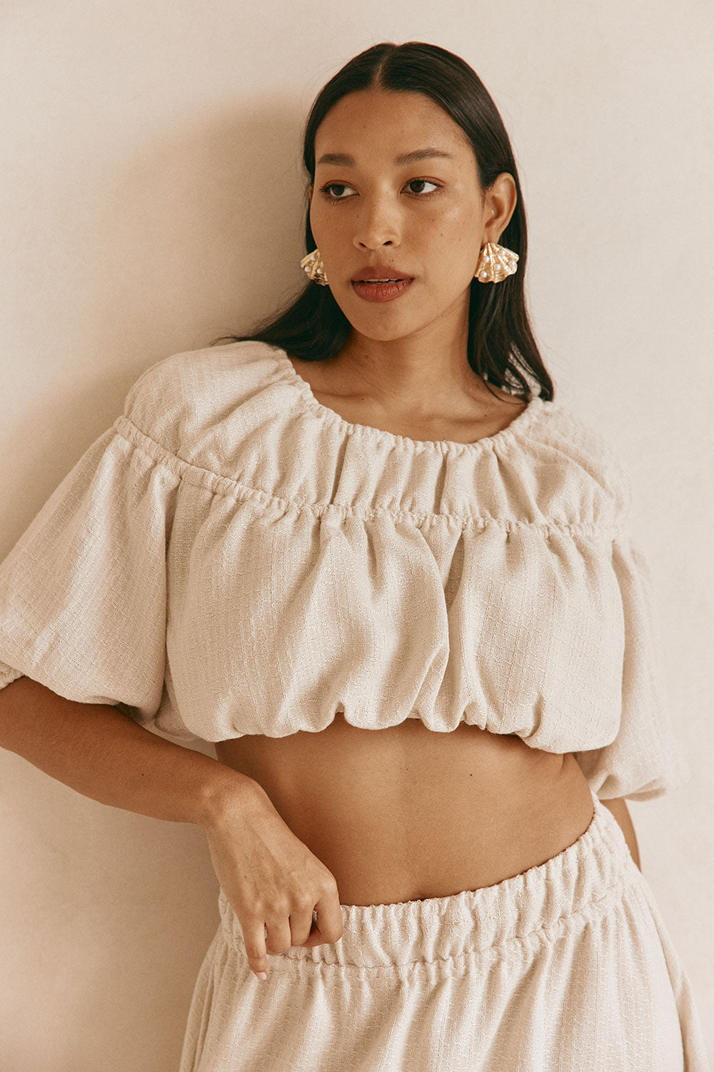 Beige Ruched Puff Sleeve Astra Crop Top – SABO