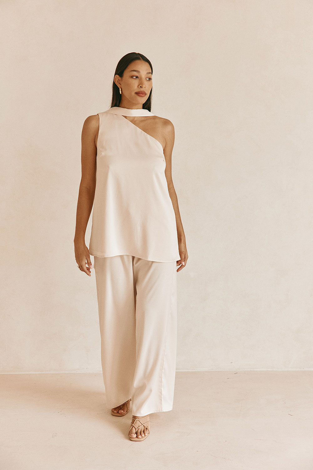 Beige Silky Asymmetric Scarf Koda Top – SABO