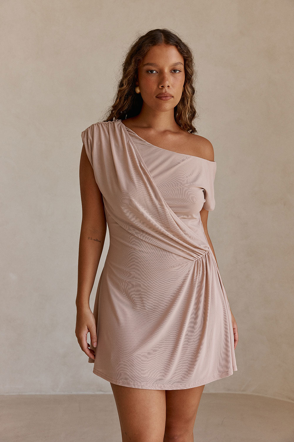 Musk Pink One Shoulder Gathered Mini Dally Dress – SABO