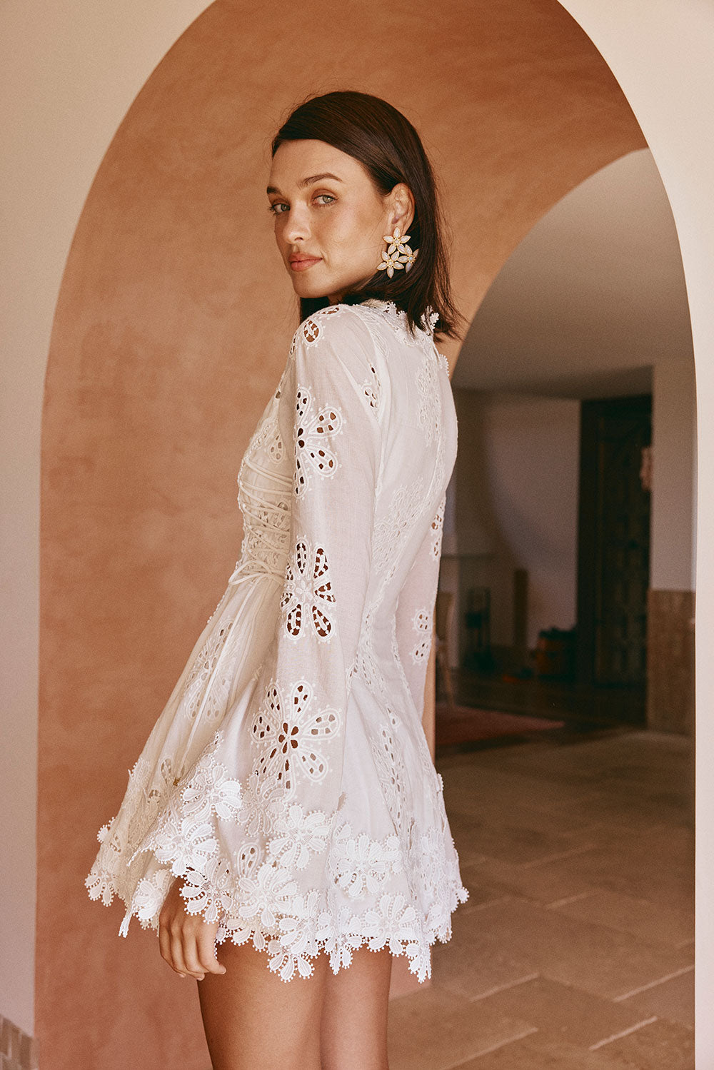 Simona Long Sleeve Embroidered Front Tie Mini Dress - Stella Marina Print - White Simona Long Sleeve Embroidered Front Tie Mini Dress - Stella Marina Print - White