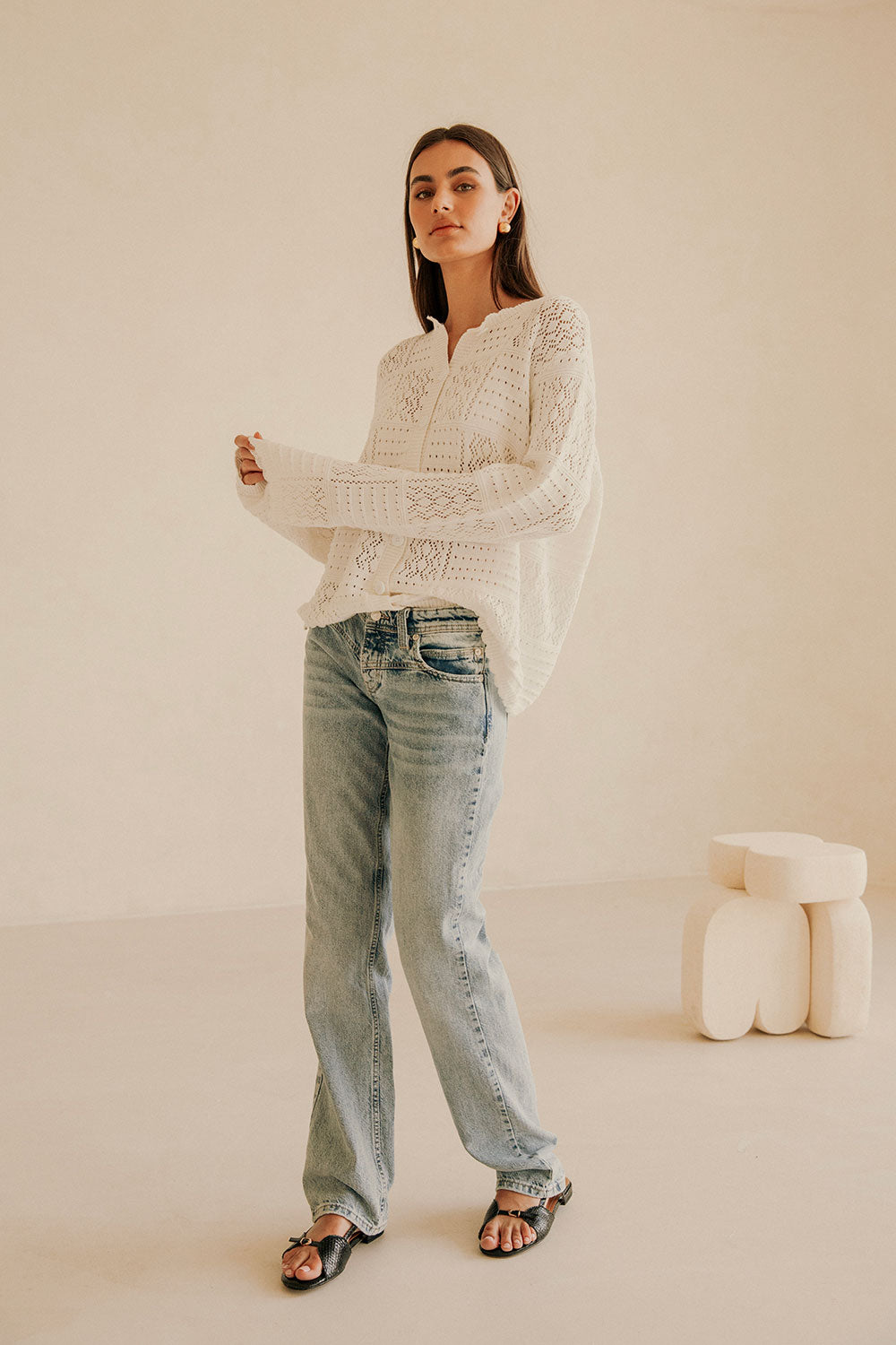 White Knit Long Sleeve Button Up Martina Top – SABO