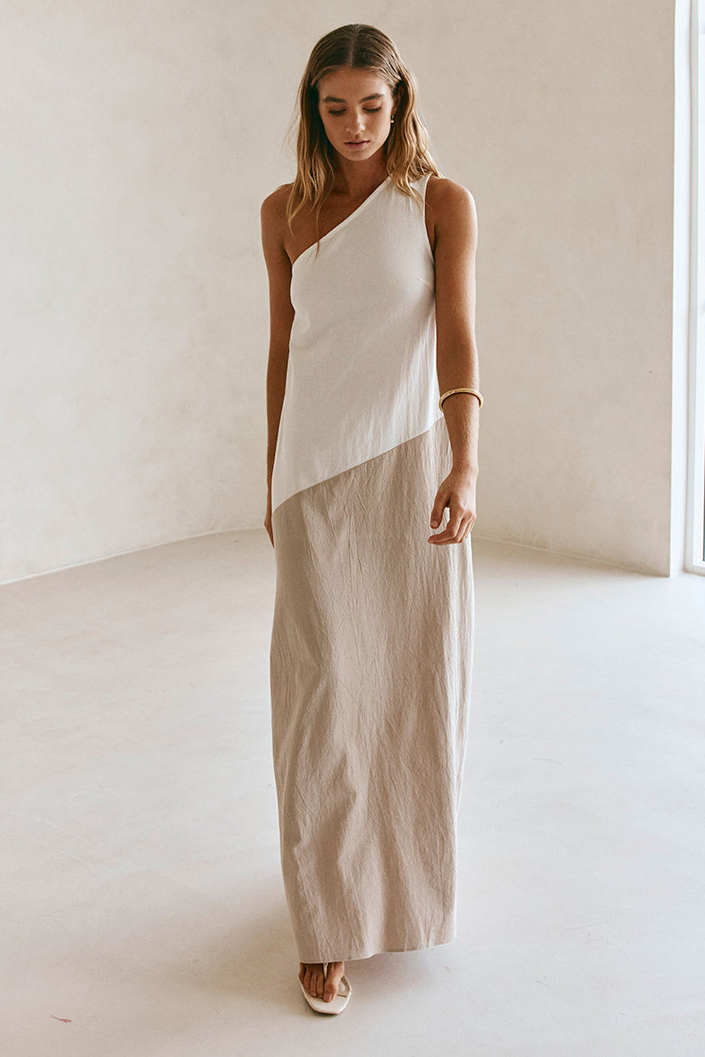 Beige White Two Tone One Shoulder Maxi Ellita Dress XS