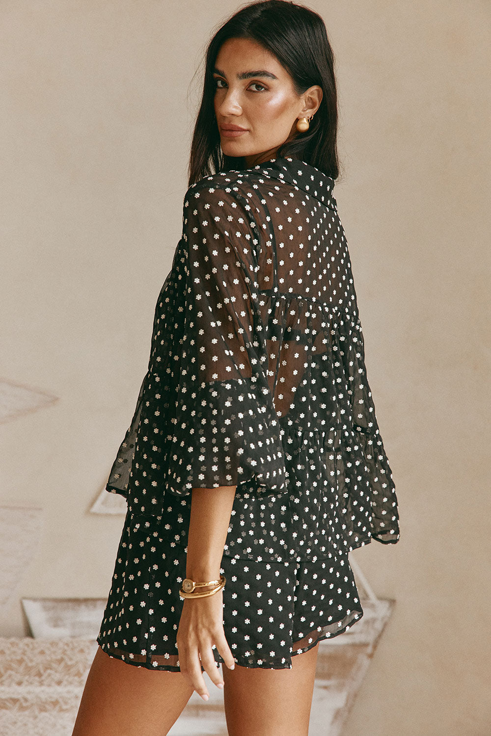 トップス sab Black and White Floral Embroidery Button Up Delita Top – SABO