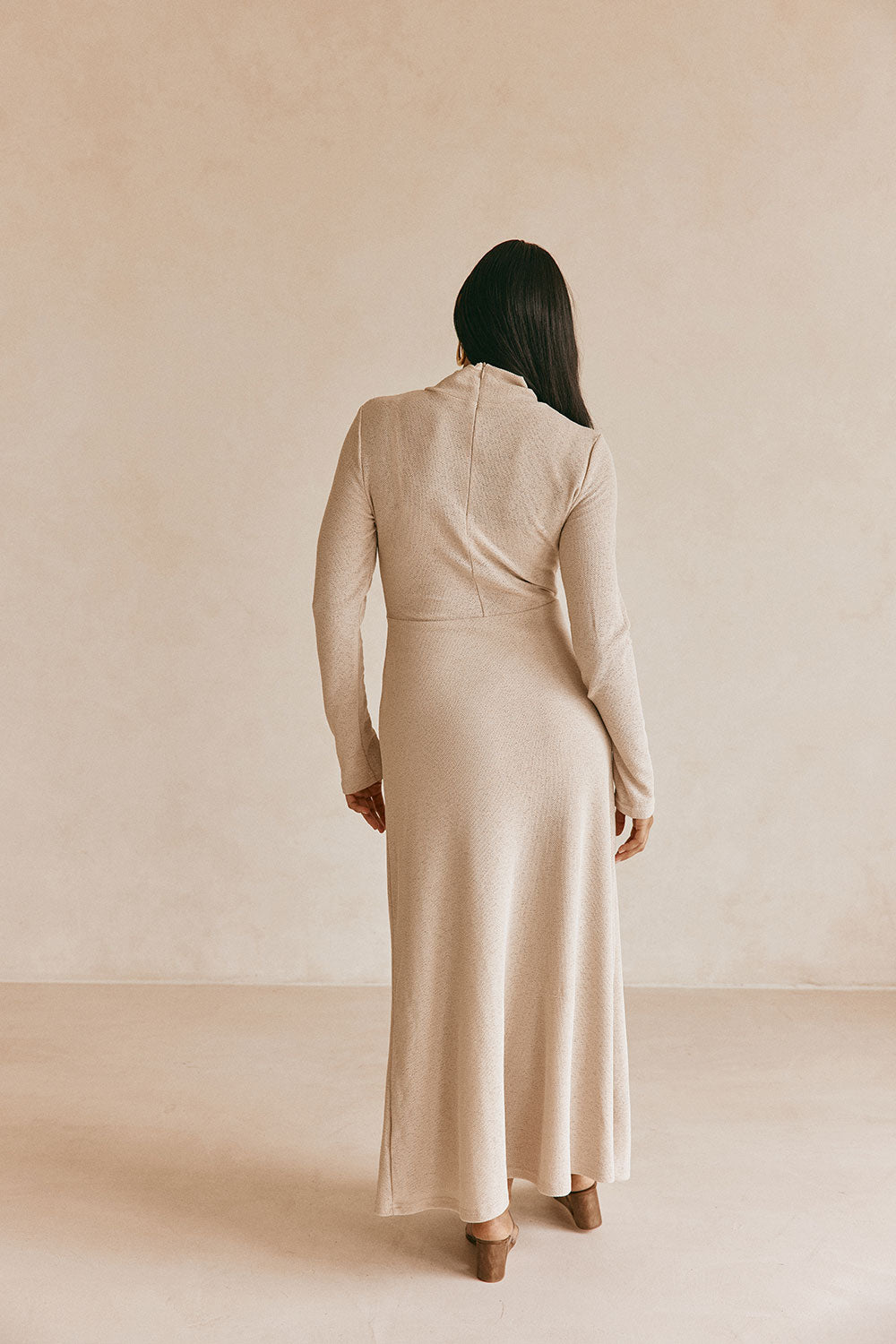 Beige High Neck Long Sleeve Fitted Maxi Simone Dress XXL